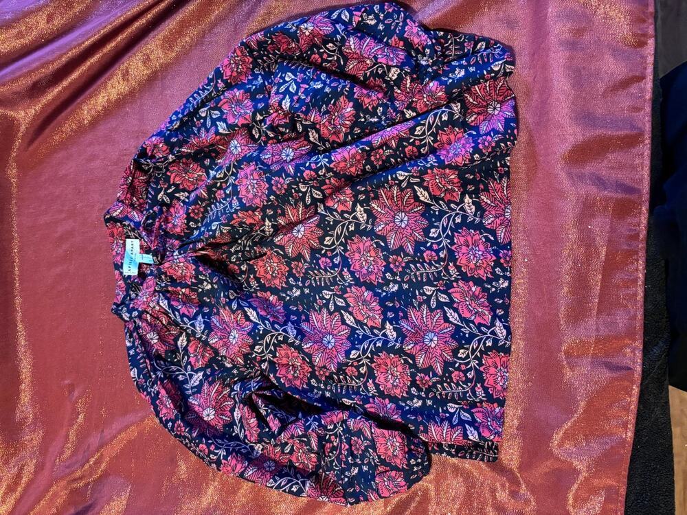 A Piece Apart Blouse Womens S Navy Pink Floral Long Sleeve Tie Neck Relaxed Top